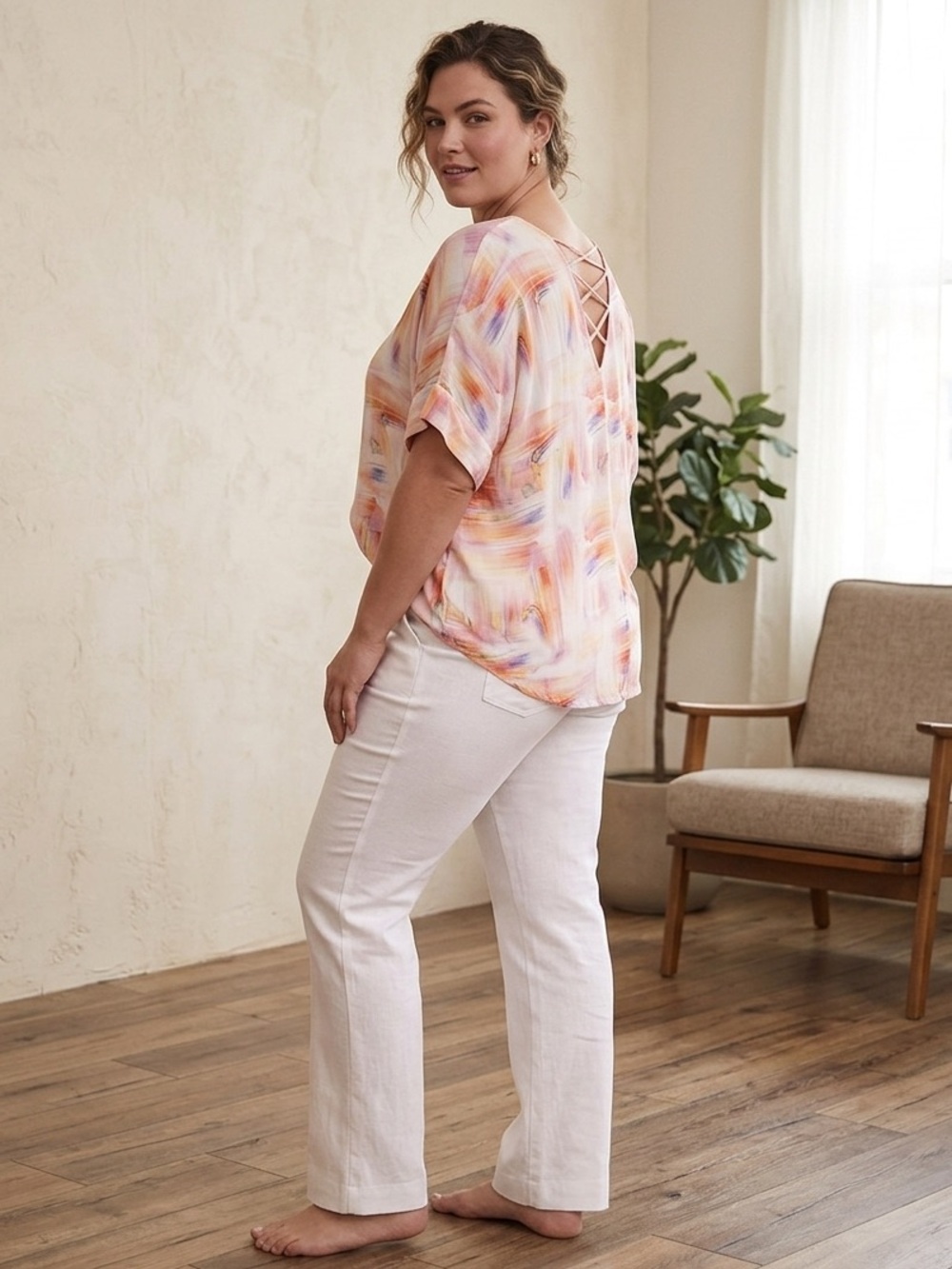 Jac Dale Multicolor Abstract Blouse Crisscross Open Back Size Women’s L